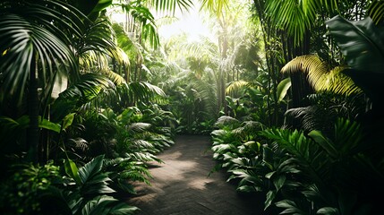 Sunlit Path Through Lush Tropical Jungle