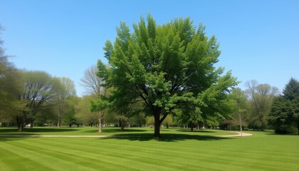 Fototapeta premium Lush Green Tree on a Sunny Golf Course