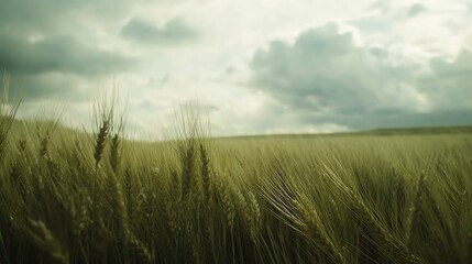 Fototapeta premium Close-Up Shot of Wheat Stalks in an English Field Under Cloudy Sky