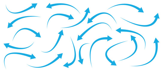 Set of curved arrows isolated on white background. Curved arrows, hand drawn curved arrows. Set long blue curve arrow icon vector . blue curve arrow icon set. long arrow icon set