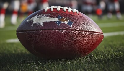 Obraz premium Football rests on field before game. Unfocused
