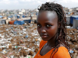 African girl in slum, looking at camera