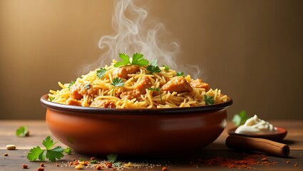 Delicious Chicken Biryani in a Brown Bowl Aromatic Spices and Herbs Garnish A Tempting Indian Dish