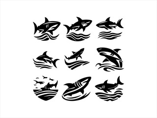 Collection of Powerful Shark Logos for Branding ,  A set of nine bold, black shark logos suitable for various branding purposes.