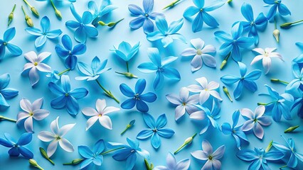 Fototapeta premium Delicate Blue Jasmine Flowers & Petals Flat Lay, Pastel Floral Background, Soft Texture, Nature Inspired