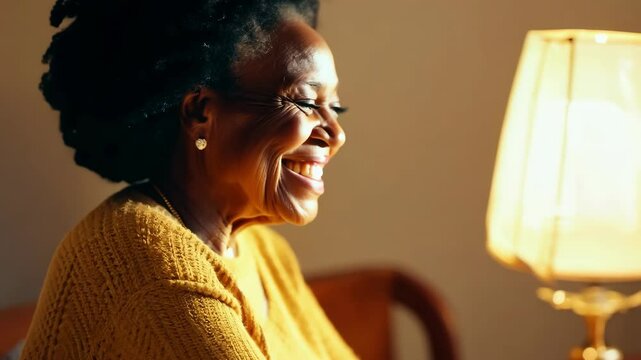 Happy, face and elderly afro woman in yellow sweater on sofa to relax at home or grandma laughing freedom in retirement. Portrait, elderly smile living room, home or thinking about good memory