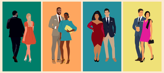 Set of multiracial and multinational couples wearing evening formal outfits for celebration, wedding, event, party. Happy men and women in gorgeous clothes vector realistic illustration isolated.