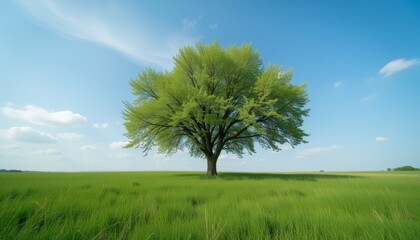  Oak Tree Standing Alone in a Vast Green Field Under a Clear Blue Sky