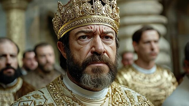 Regal figure in ornate crown, surrounded by attendants, portraying a historical moment in a grand setting