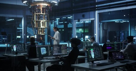 Computer Engineering Team Working on Quantum Hardware Development, Analyzing Data on Advanced AI Software in an Industrial Laboratory. Diverse Specialists Focusing on Innovation and Technology - Powered by Adobe