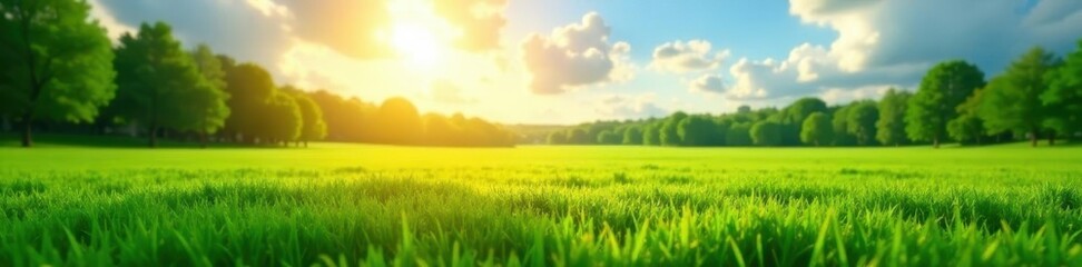 Fototapeta premium Artificial grass field panoramic view, bright sun, scenic, daylight, game