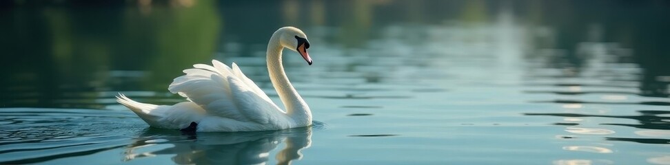 Graceful white swan glides across calm lake surface, wildlife, animal, day