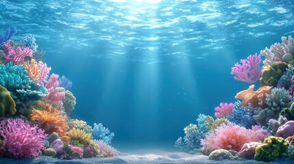 Naklejka premium Vibrant coral reef with sunlight filtering through the water.