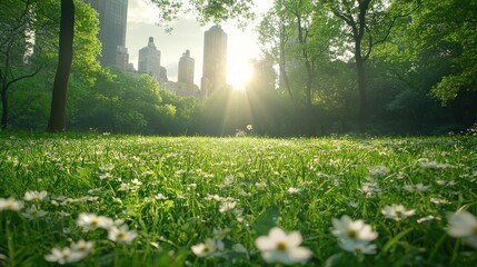 Lush green field with flowers and sun rising behind city skyline.