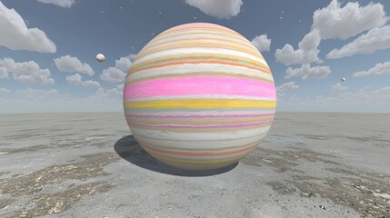 Colorful Abstract Sphere with Striped Patterns Against a Surreal Cloudy Sky Landscape