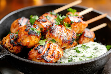 Fototapeta premium Greek-style chicken with tzaziki sauce. AI generative.