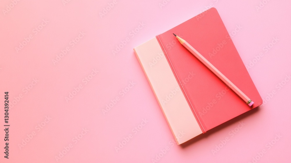 Aufkleber flat lay of a gradient peach-pink notebook and pencil on a soft gradient background, delicate and mo