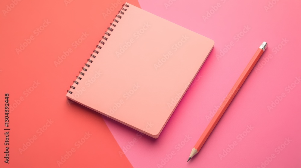 Aufkleber flat lay of a gradient peach-pink notebook and pencil on a soft gradient background, delicate and mo
