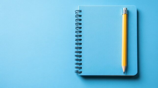 Flat lay of a sky-blue notebook and pencil on a light blue background, representing creativity and planning.