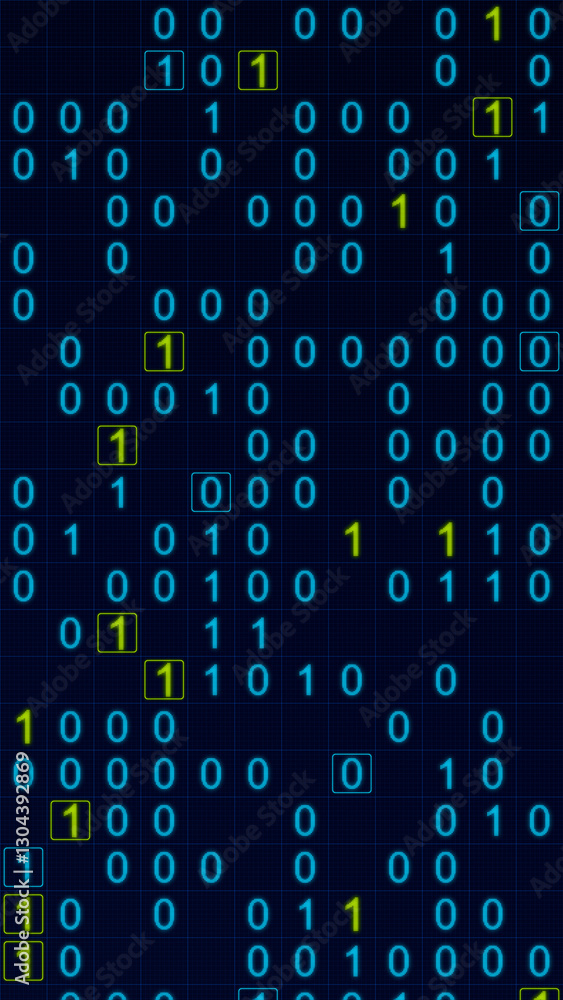 Poster blue and yellow glowing binary matrix on a grid, vertical composition. technology background for gra