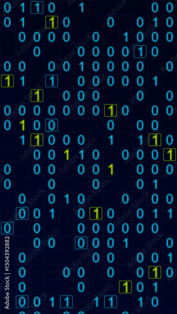 Poster blue and yellow glowing binary matrix on a grid, vertical composition. technology background for gra