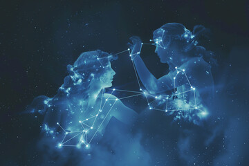 Abstract illustration of Gemini twins with constellation and stars representing zodiac sign astrology and cosmic connection, concept: gemini, twins, zodiac, astrology, cosmic