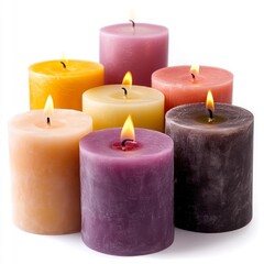 A collection of vibrant candles in various colors, with gentle flames, creating a warm and inviting atmosphere.