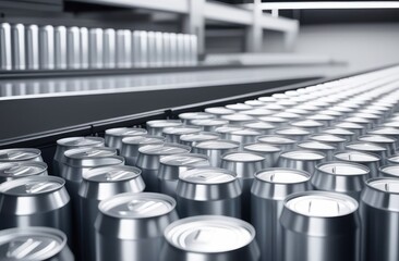 Obraz premium New aluminum cans moving along the conveyor belt on a beverage manufacturing factory.