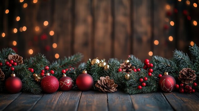A rustic Christmas backdrop, adorned with the warm glow of light wood fir branches, twinkling ornaments, and the vibrant hues of red and gold beads, offering a cozy and inviting atmosphere.
