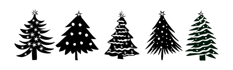 Set of Christmas tree silhouettes. Traditional holiday firs with ornaments and lights, Xmas spruce with festive decoration. Comic style black vector illustrations isolated