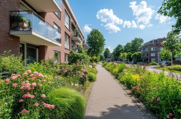 A bicycle path in Tuschinski Park, Rotterdam, The Netherlands, is pictured on June 19, 2024, with the Little C neighbourhood behind it