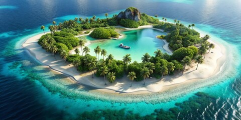 Fototapeta premium Aerial Paradise Island: Turquoise Waters, White Sands, Palm Trees