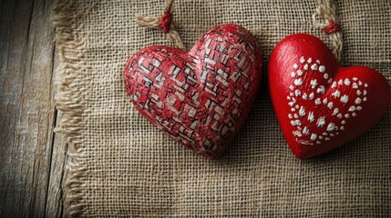 Fototapeta premium Two delicate, hand-painted, red ornamental hearts, their surfaces adorned with intricate patterns, rest gracefully upon a rustic burlap backdrop, offering a romantic and inviting canvas for your