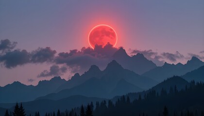 Spectacular Blood Moon Rising Over Mountain Peaks at Twilight in Nature