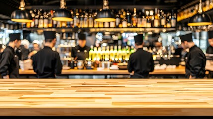 Busy Restaurant Bar Scene with Chefs Preparing Food in Modern Kitchen Featuring Stylish Lighting