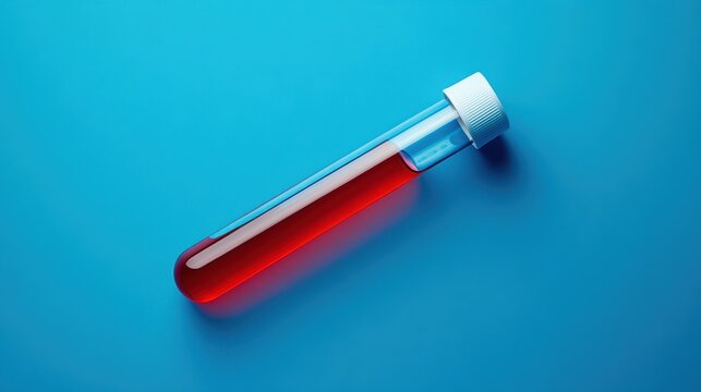 A close-up top-view shot of a blood-filled test tube nestled against a vibrant blue background, offering ample copy space for adding text or design, creating a visually compelling and impactful image