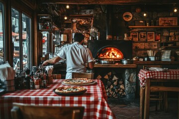 Chef preparing pizza in cozy Italian restaurant at night