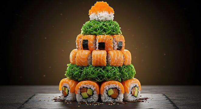 Creative Christmas Sushi Tree Made with Rolls and Seaweed