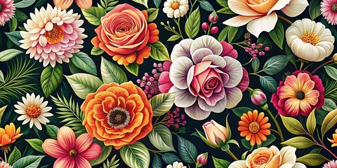 Vibrant Pink, Orange & White Floral Pattern on Dark Background - Perfect for Design & Decor