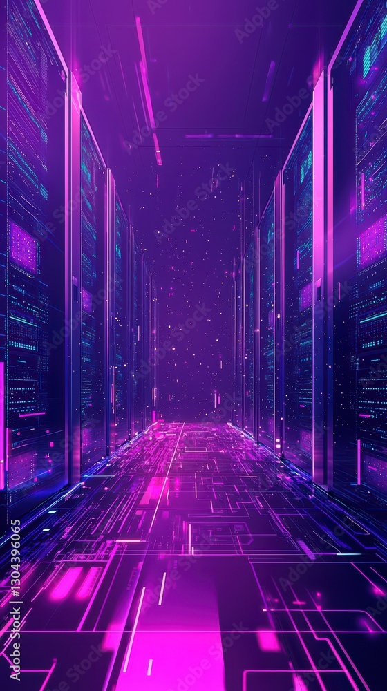 Aufkleber data center gateway: immersive view down a corridor of server racks illuminated in vibrant purple an