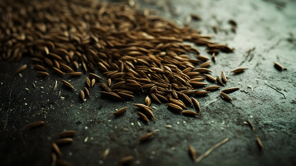 Cumin seeds scattered across a smooth surface, their elongated shapes and earthy color emphasizing their natural beauty.