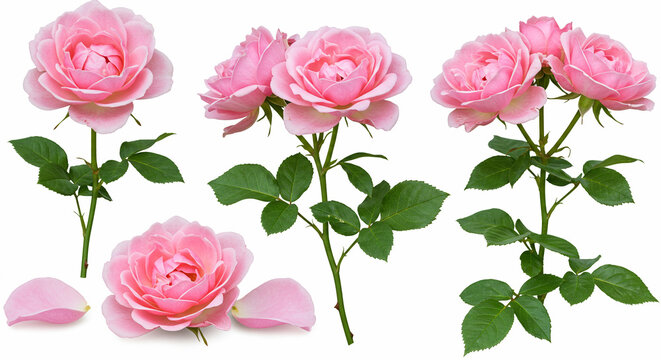 Ramo de exuberantes rosas en plena floraci&oacute;n capturadas desde varios &aacute;ngulos y aisladas sobre un fondo blanco