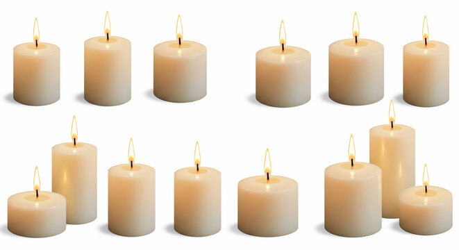 Conjunto de velas blancas de cera con llama aisladas sobre fondo blanco

