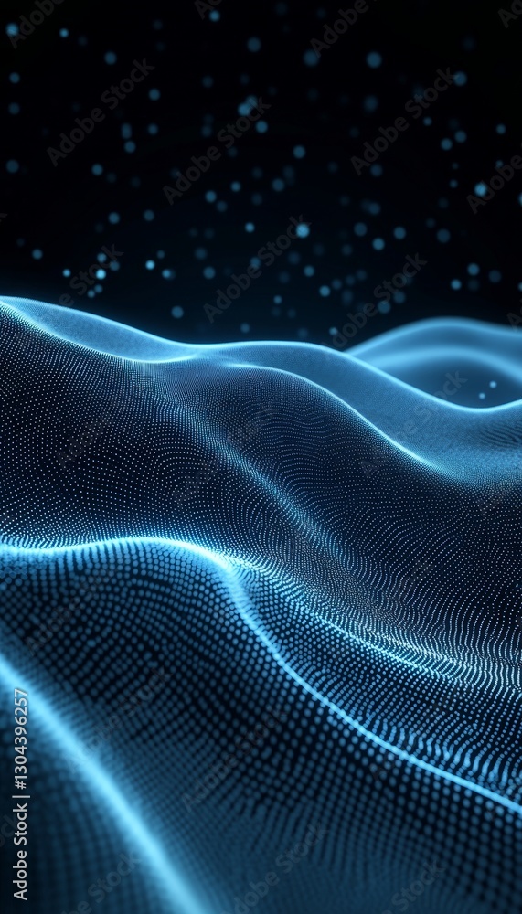 Poster futuristic cyan grid with interconnected lines, digital wave structure on dark blue background