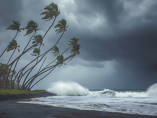 Powerful Tropical Storm with High Waves and Swaying Palm Trees