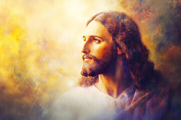 A delicate impressionist painting of Jesus with soft, pastel colors blending into a radiant background