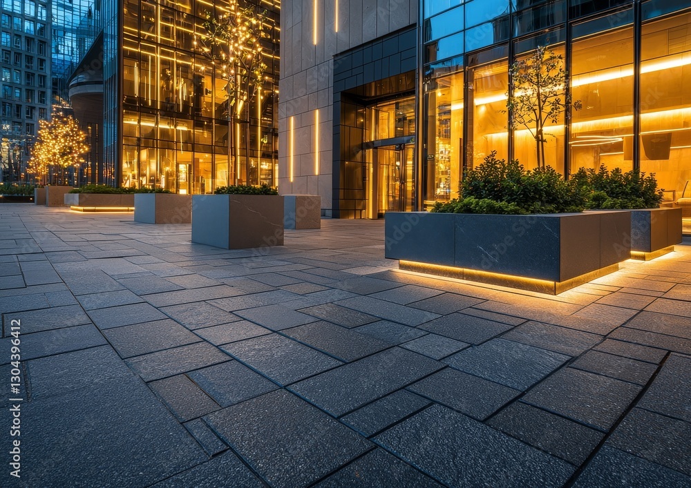 Poster modern office buildings in downtown are preceded by empty concrete ground that functions as a floor 