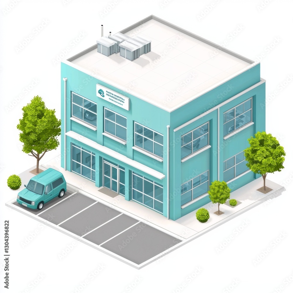 Poster the 3d rendering shows a factory complex with a main building and several smaller units designated f