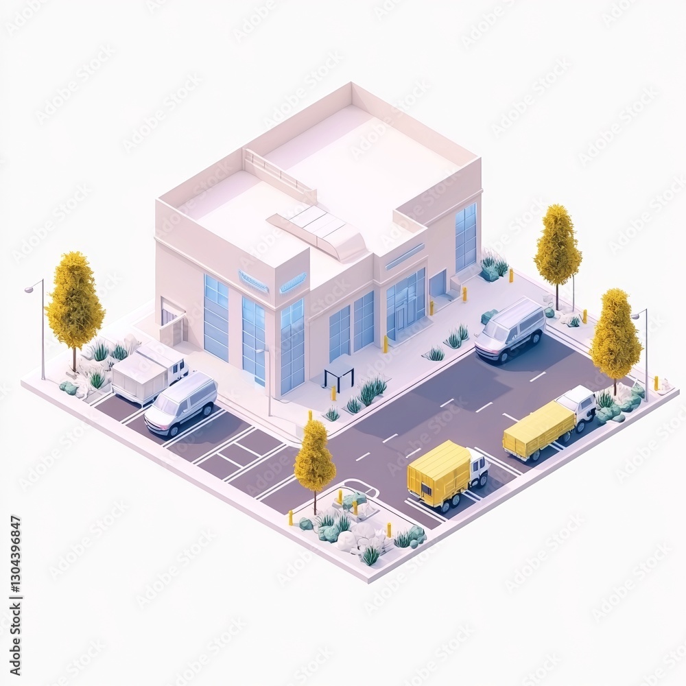 Poster a 3d render illustrates a factory consisting of a large main building and multiple smaller units, ea