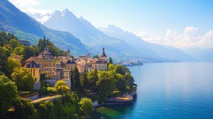 Fototapeta premium Montreuxs panoramic view from above, highlighting its perfect balance between city charm and natural splendor.